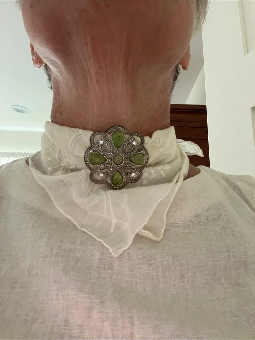Vintage hankie and brooch - White Linen Bandana Scarf with Green Gem Brooch